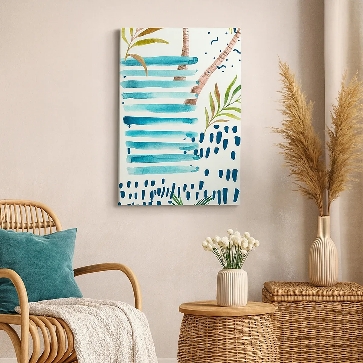 Impression sur toile - Image sur toile - Motif abstrait avec des palmiers et des accents nautiques - 50x70cm - Des vacances sous les palmiers - Décoration murale moderne pour le salon et la chambre ARTTOR
