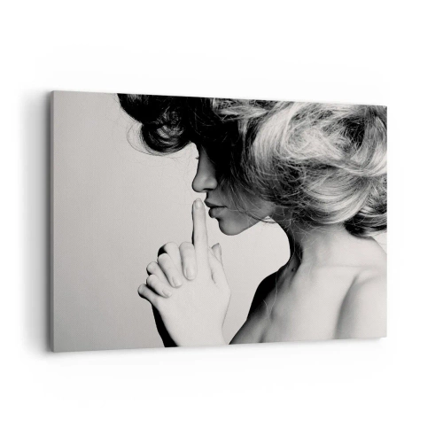 Impression sur toile - Image sur toile - Profil noir et blanc d'une femme faisant un geste de silence - 120x80cm - A l'écoute d'elle-même - Décoration murale moderne pour le salon et la chambre ARTTOR