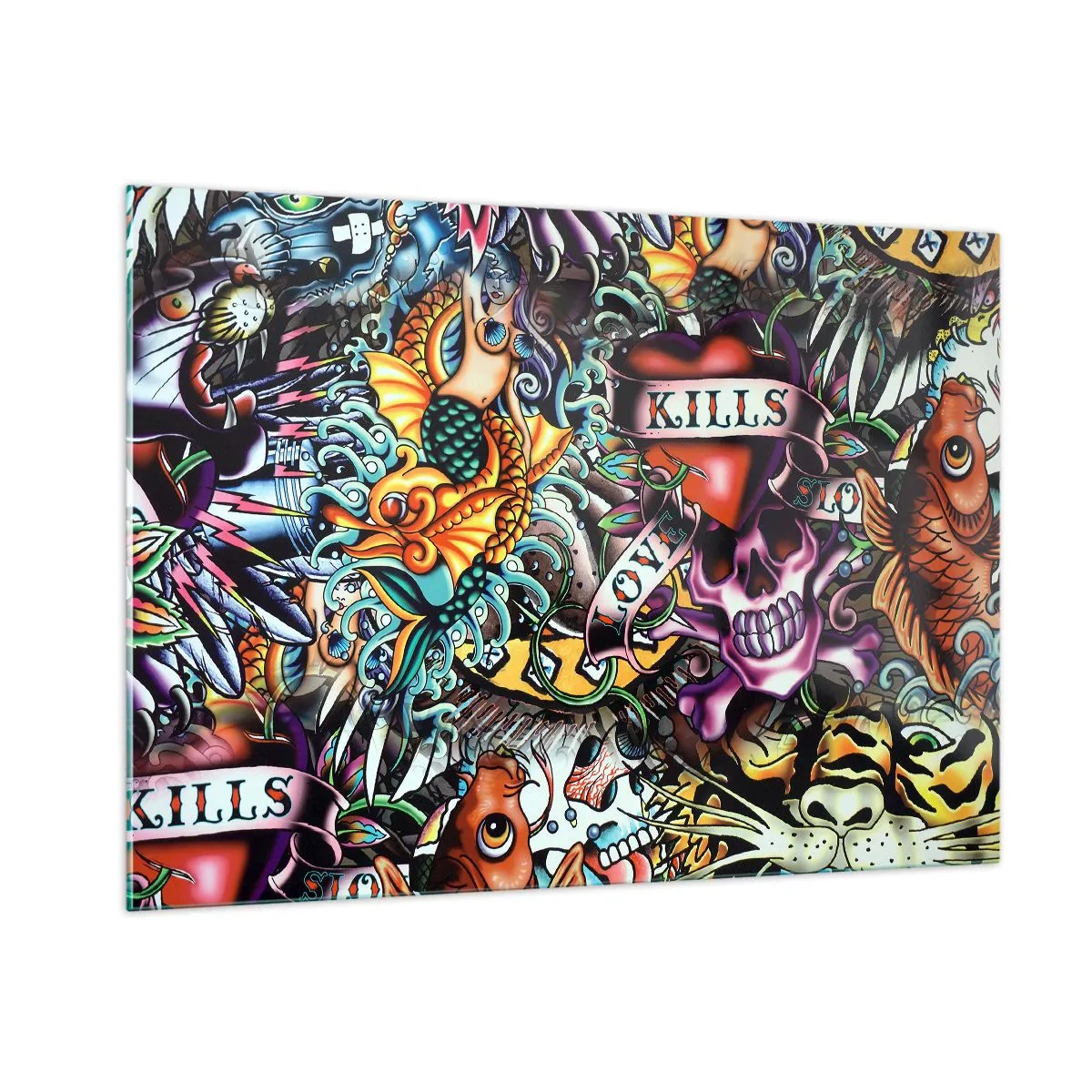 Impression sur verre - Image sur verre - Une composition colorée de motifs inspirés de l'art du tatouage - 100x70cm - Le rêve du tatoueur - Décoration murale moderne pour le salon et la chambre ARTTOR