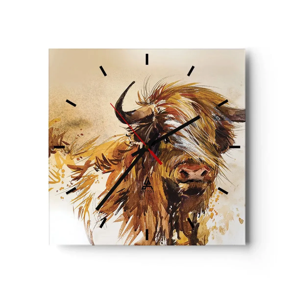 Horloge murale - Pendule murale - Portrait d'un taureau dans un style aquarelle artistique - 30x30cm - Fierté du chasseur - Décoration murale moderne pour le salon et la chambre ARTTOR