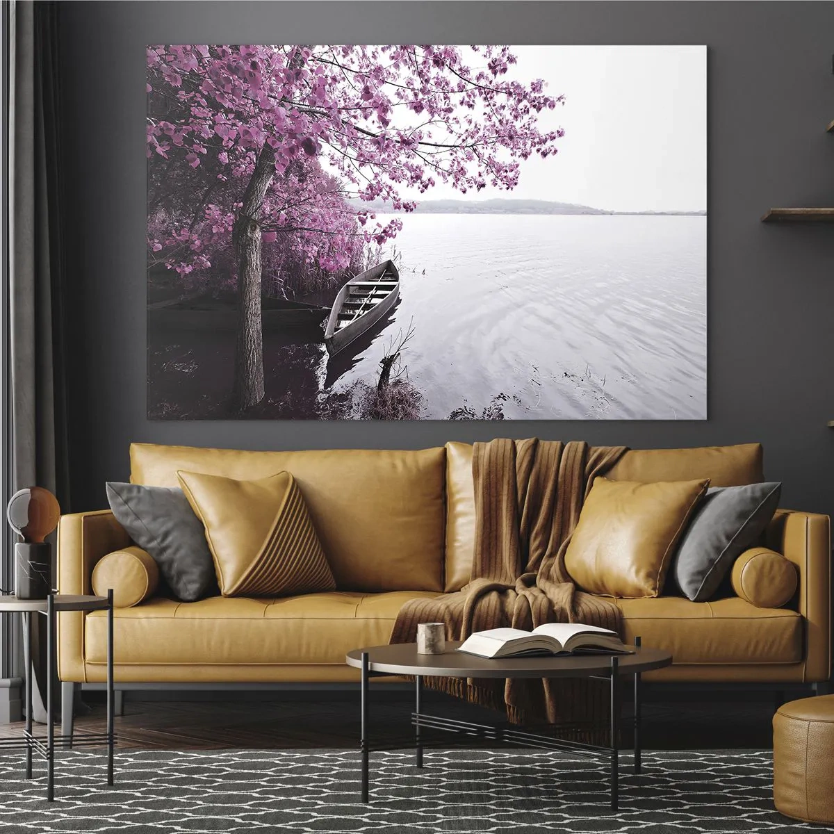Impression sur verre - Image sur verre - Un bateau au bord de l'eau avec un arbre rose au-dessus de l'eau - 70x50cm - Dans un silence rose - Décoration murale moderne pour le salon et la chambre ARTTOR