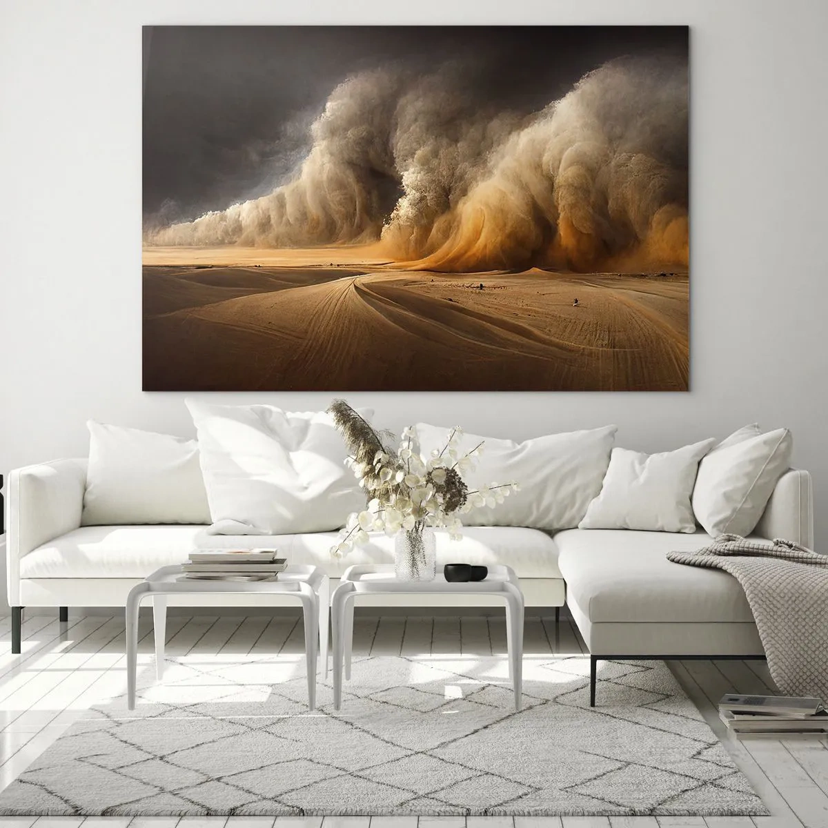 Impression sur verre - Image sur verre - Une tempête de sable sur le désert sous une lumière dramatique - 120x80cm - La colère du désert - Décoration murale moderne pour le salon et la chambre ARTTOR