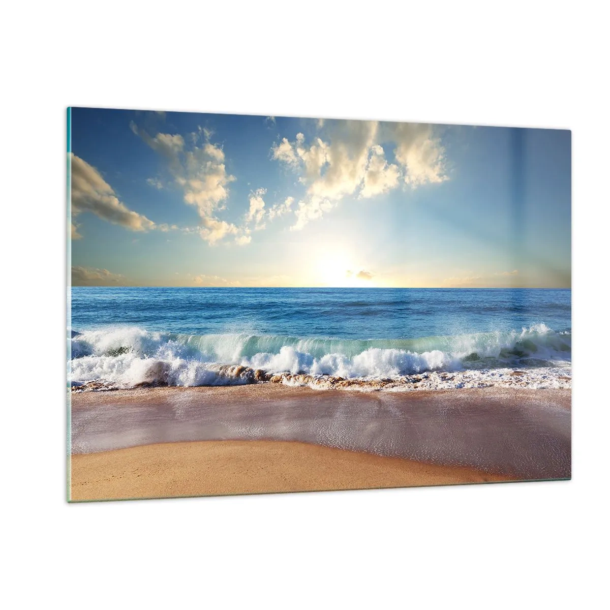 Impression sur verre - Image sur verre - Vagues de l'océan s'écrasant sur une plage dorée au lever du soleil - 120x80cm - Mouvement et immobilité à la fois - Décoration murale moderne pour le salon et la chambre ARTTOR