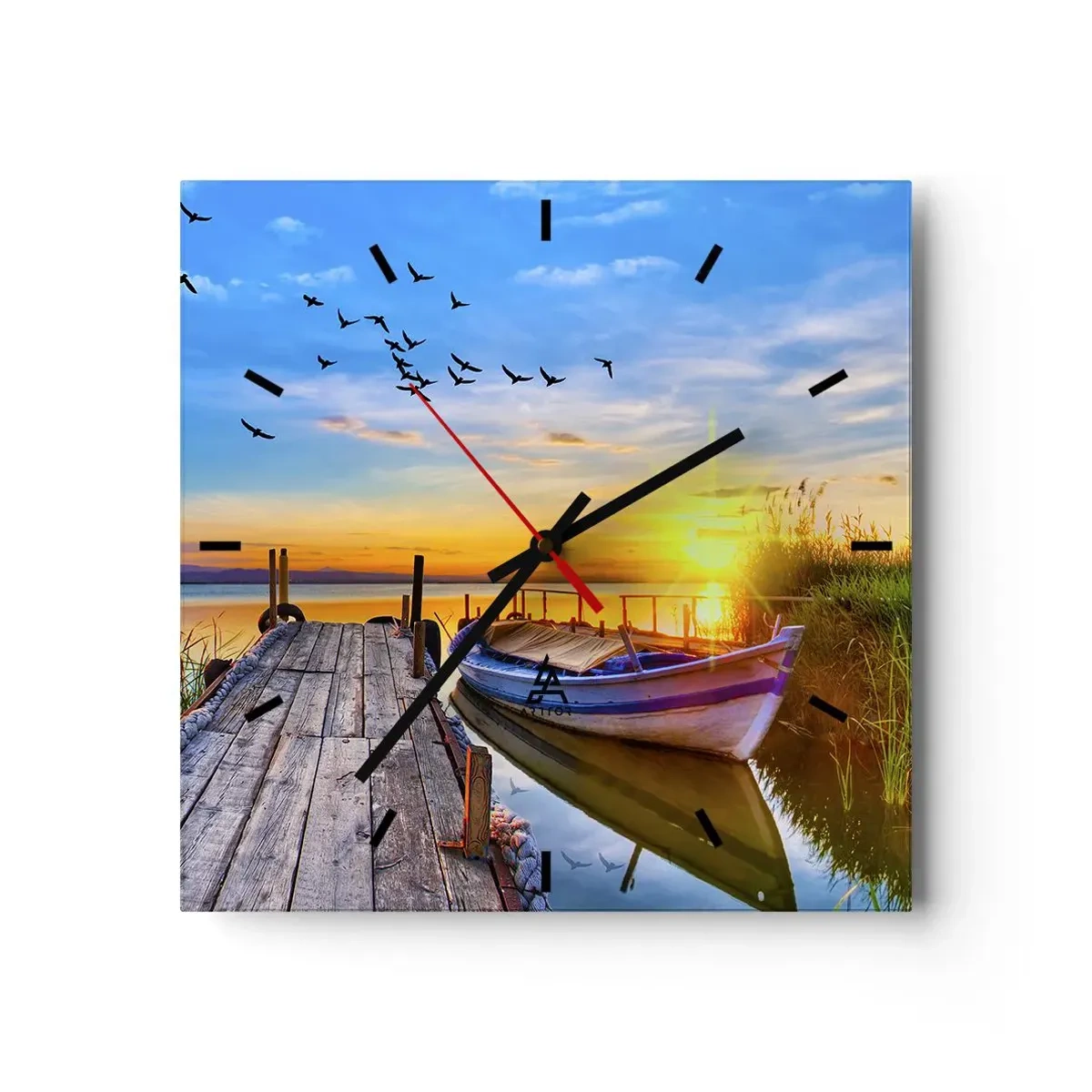 Horloge murale - Pendule murale - Un bateau sur une jetée en bois au coucher du soleil - 30x30cm - Au revoir, à demain - Décoration murale moderne pour le salon et la chambre ARTTOR