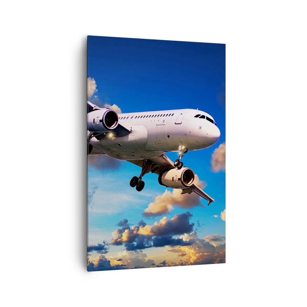 Impression sur toile - Image sur toile - Un avion de ligne contre les nuages au coucher du soleil - 80x120cm - Un voyage en blanc et bleu ciel - Décoration murale moderne pour le salon et la chambre ARTTOR