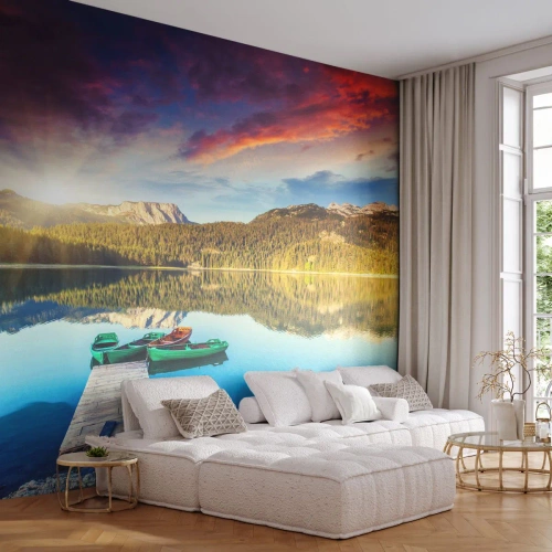 Papier Peint Photo Premium Canvas - Aussi lisse qu'un miroir au-dessus de l'eau - Paysage, Montagnes, Forêt - 400x280 cm