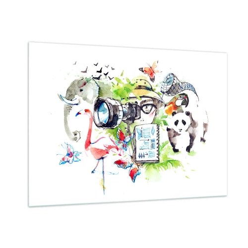 Impression sur verre - Image sur verre - Illustration d'un photographe avec un appareil photo et des animaux - 100x70cm - Dans l'objectif d'un voyageu - Décoration murale moderne pour le salon et la chambre ARTTOR