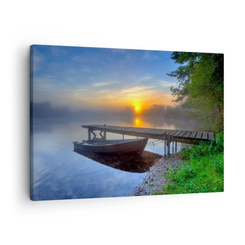 Impression sur toile - Image sur toile - Une jetée au bord du lac au lever du soleil avec un bateau sur le rivage - 70x50cm - Comment l'ordinaire se transforme en magie - Décoration murale moderne pour le salon et la chambre ARTTOR