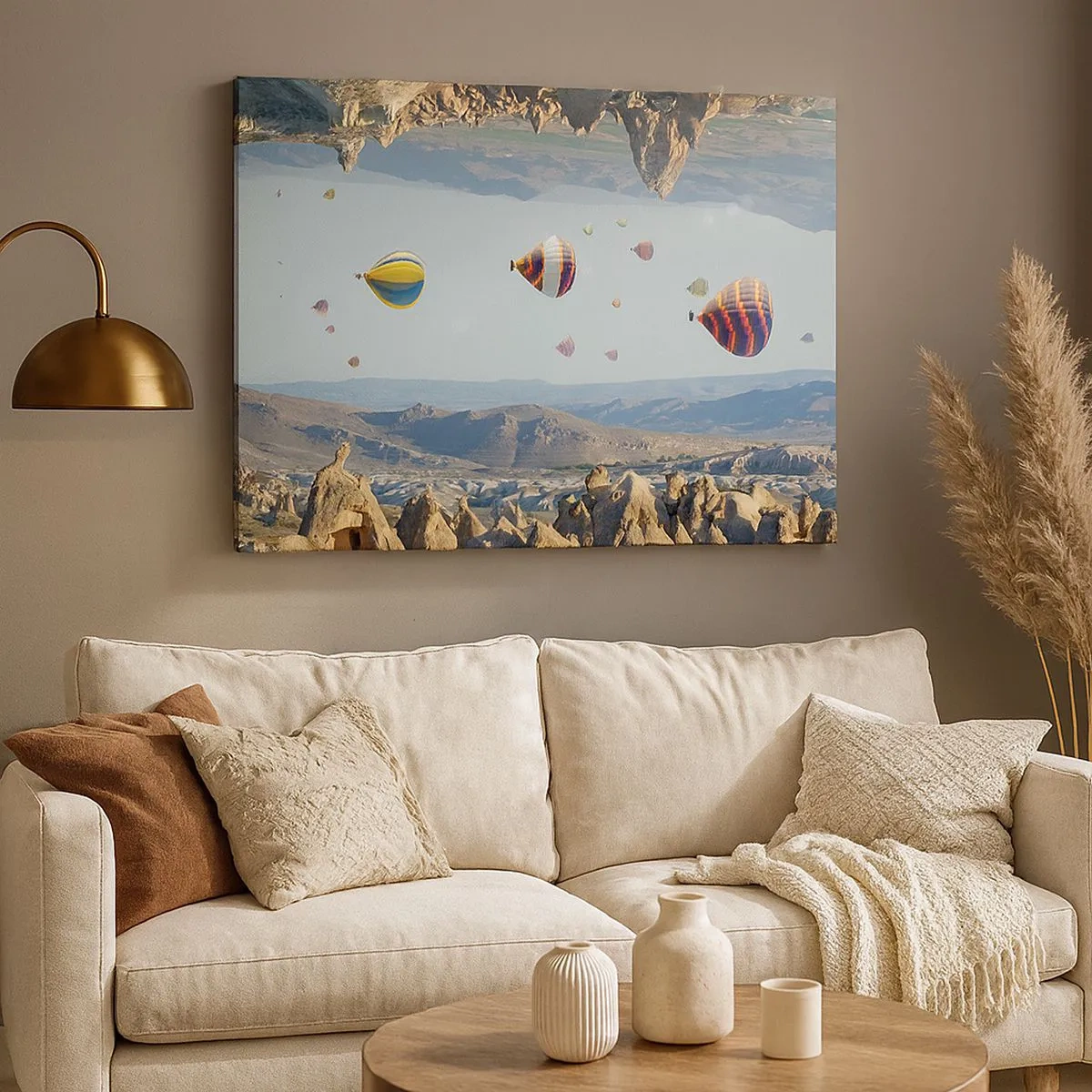 Impression sur toile - Image sur toile - Ballons colorés au-dessus d'un paysage rocheux - 70x50cm - Ici, tout est possible - Décoration murale moderne pour le salon et la chambre ARTTOR