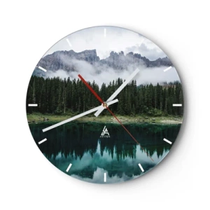 Horloge murale - Pendule murale - Des montagnes brumeuses et une forêt se reflètent dans un lac de montagne calme - 30x30cm - Chut, chut, ne réveillons pas l'eau qui dort - Décoration murale moderne pour le salon, la cuisine et la chambre ARTTOR