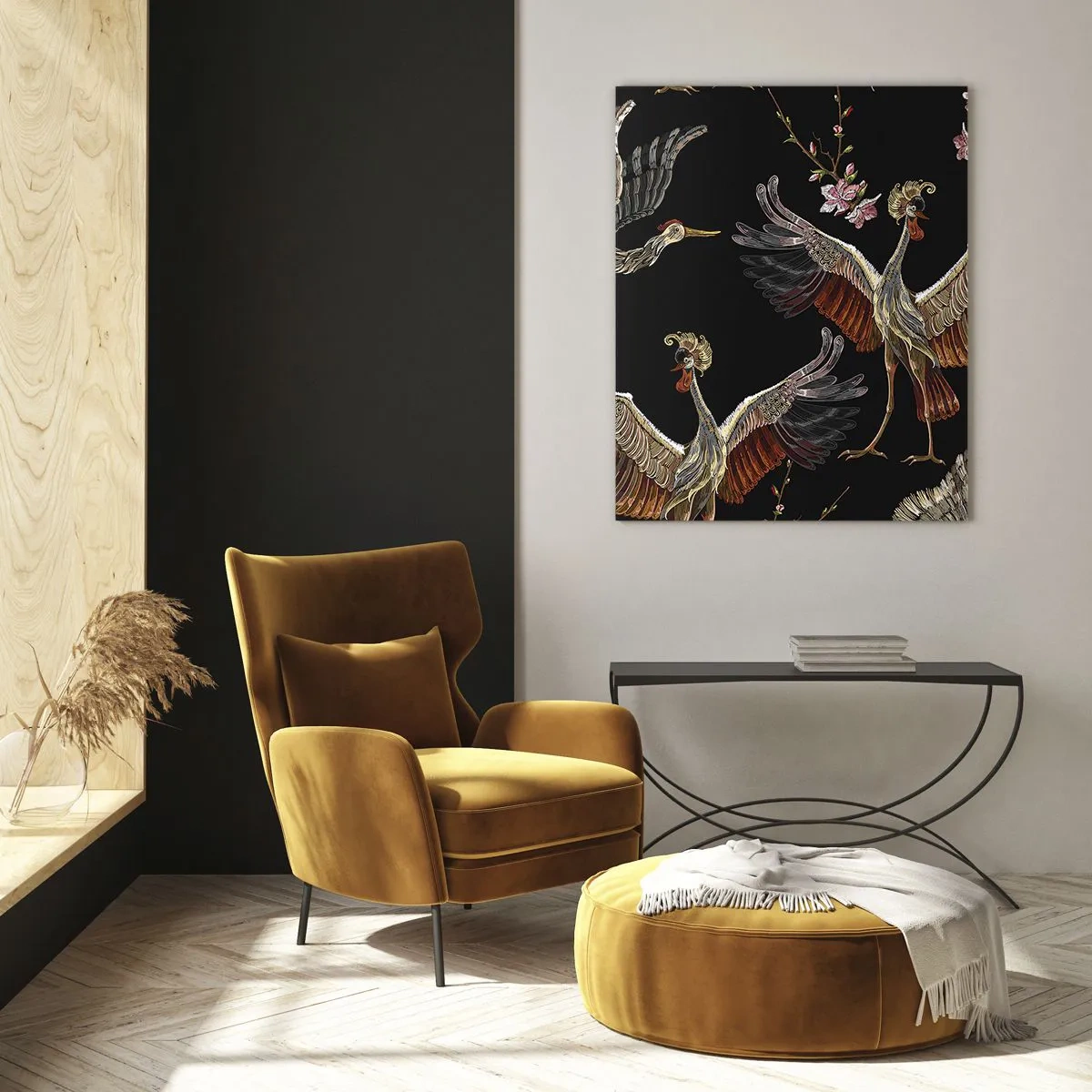 Impression sur verre - Image sur verre - Oiseaux en vol avec des fleurs sur fond noir, style rétro - 50x70cm - Un oiseau de conte de fées - Décoration murale moderne pour le salon et la chambre ARTTOR