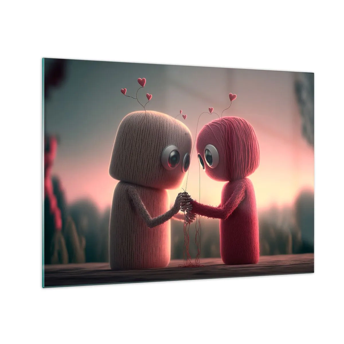 Impression sur verre - Image sur verre - Deux personnages en fil se tenant la main avec des cœurs - 70x50cm - Tout le monde a le droit d'aimer - Décoration murale moderne pour le salon et la chambre ARTTOR