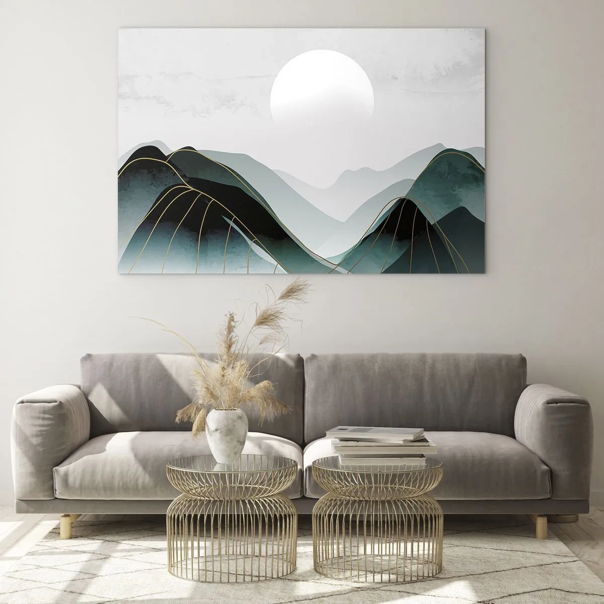 Impression sur verre - Image sur verre - Paysage de montagne avec un soleil blanc et des lignes dorées - 70x50cm - En pleine majesté - Décoration murale moderne pour le salon et la chambre ARTTOR