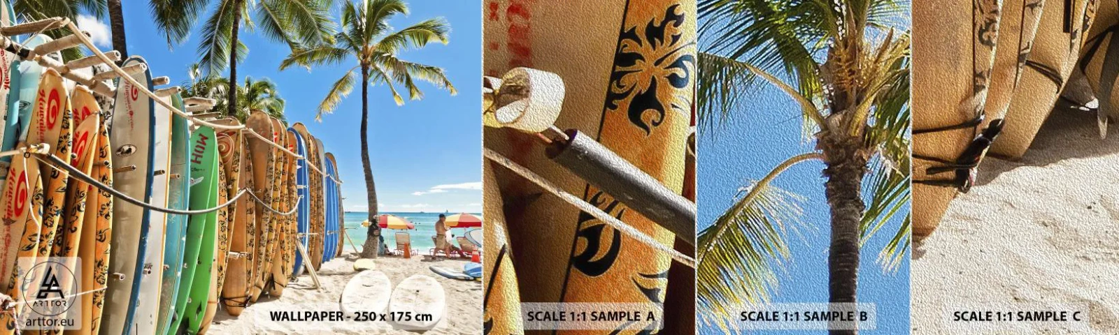 Échantillon de Papier Peint Premium Sand - Jeux ensoleillés - Paysage, Planche de surf, Plage - 100x30 cm