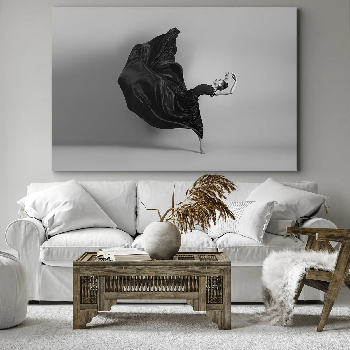 Impression sur toile - Image sur toile - Une danseuse élégante en robe noire en mouvement - 70x50cm - Musique ailées - Décoration murale moderne pour le salon et la chambre ARTTOR