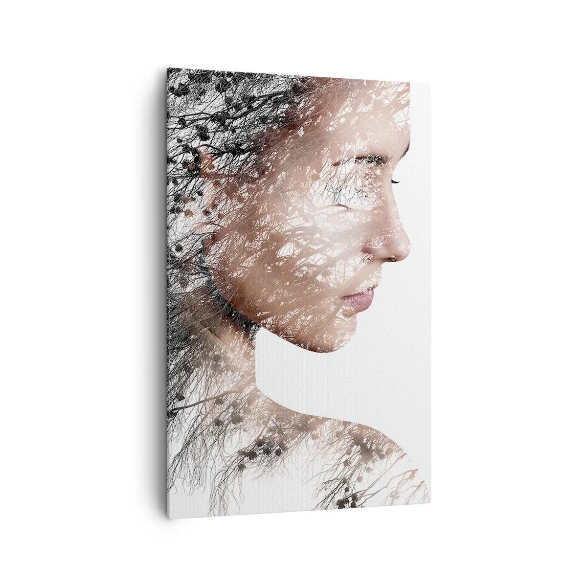 Impression sur toile - Image sur toile - Silhouette d'une femme avec un motif de branche et d'oiseau en arrière-plan - 80x120cm - L'âme de la forêt - Décoration murale moderne pour le salon et la chambre ARTTOR