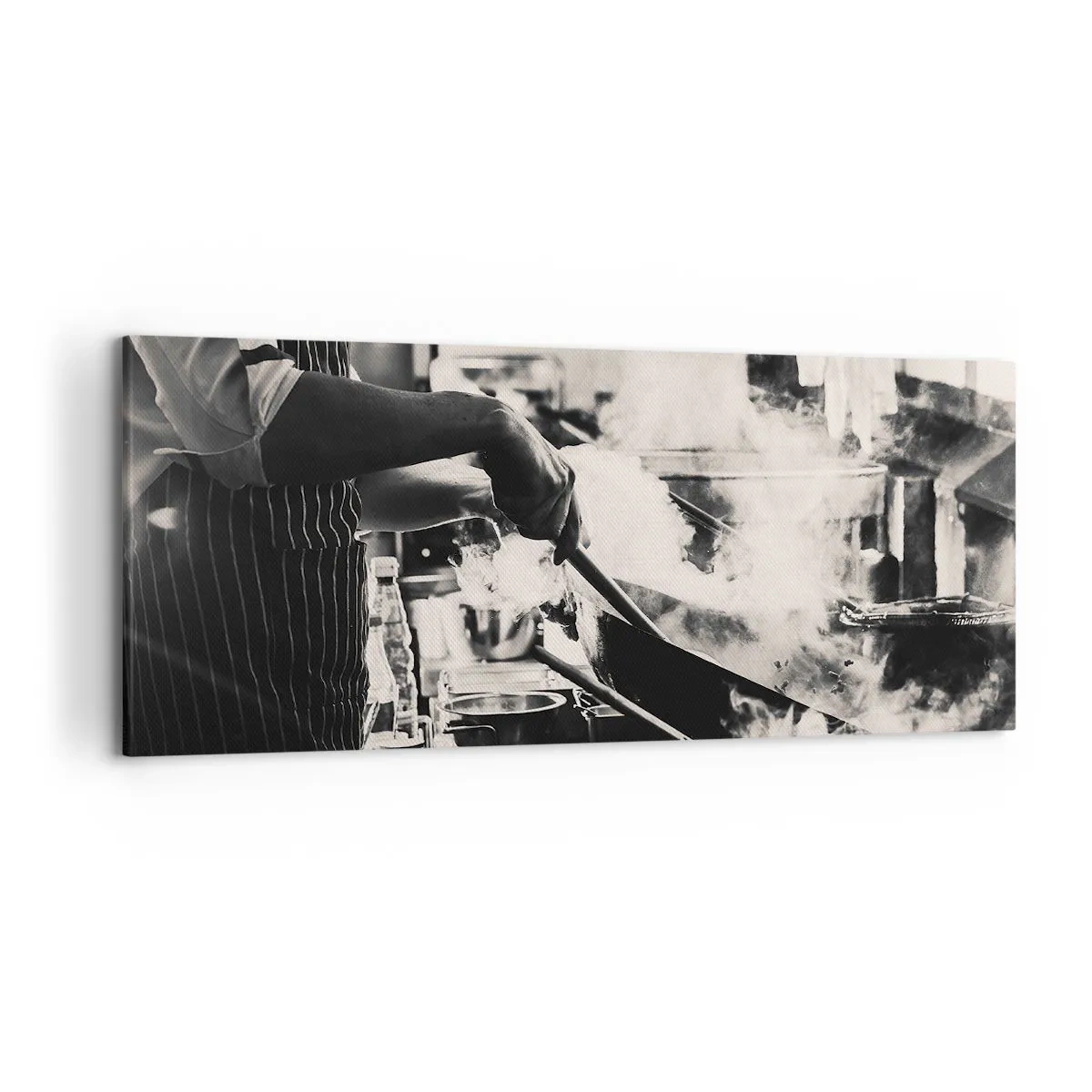 Impression sur toile - Image sur toile - Un chef au travail dans la cuisine avec de la vapeur s'élevant d'une poêle à frire - 120x50cm - Alchimie des saveurs - Décoration murale moderne pour le salon et la chambre ARTTOR
