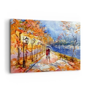 Impression sur toile - Image sur toile - Une promenade d'automne dans le parc au bord de la rivière sous un parasol - 120x80cm - Ensemble jusqu'au bout du temps - Décoration murale moderne pour le salon et la chambre ARTTOR