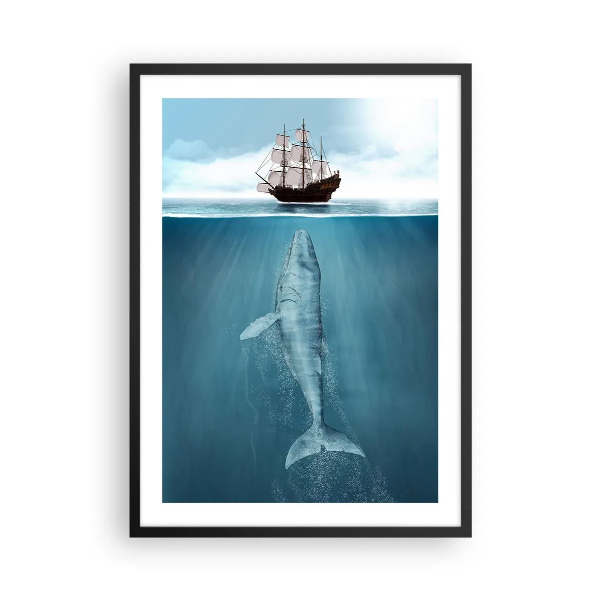 Affiche dans un cadre noir - Poster - Un navire à la surface de l'eau avec une baleine en dessous, dans une prise de vue surréaliste - 50x70cm - Il vaut mieux ne pas savoir - Décoration murale moderne pour le salon et la chambre ARTTOR