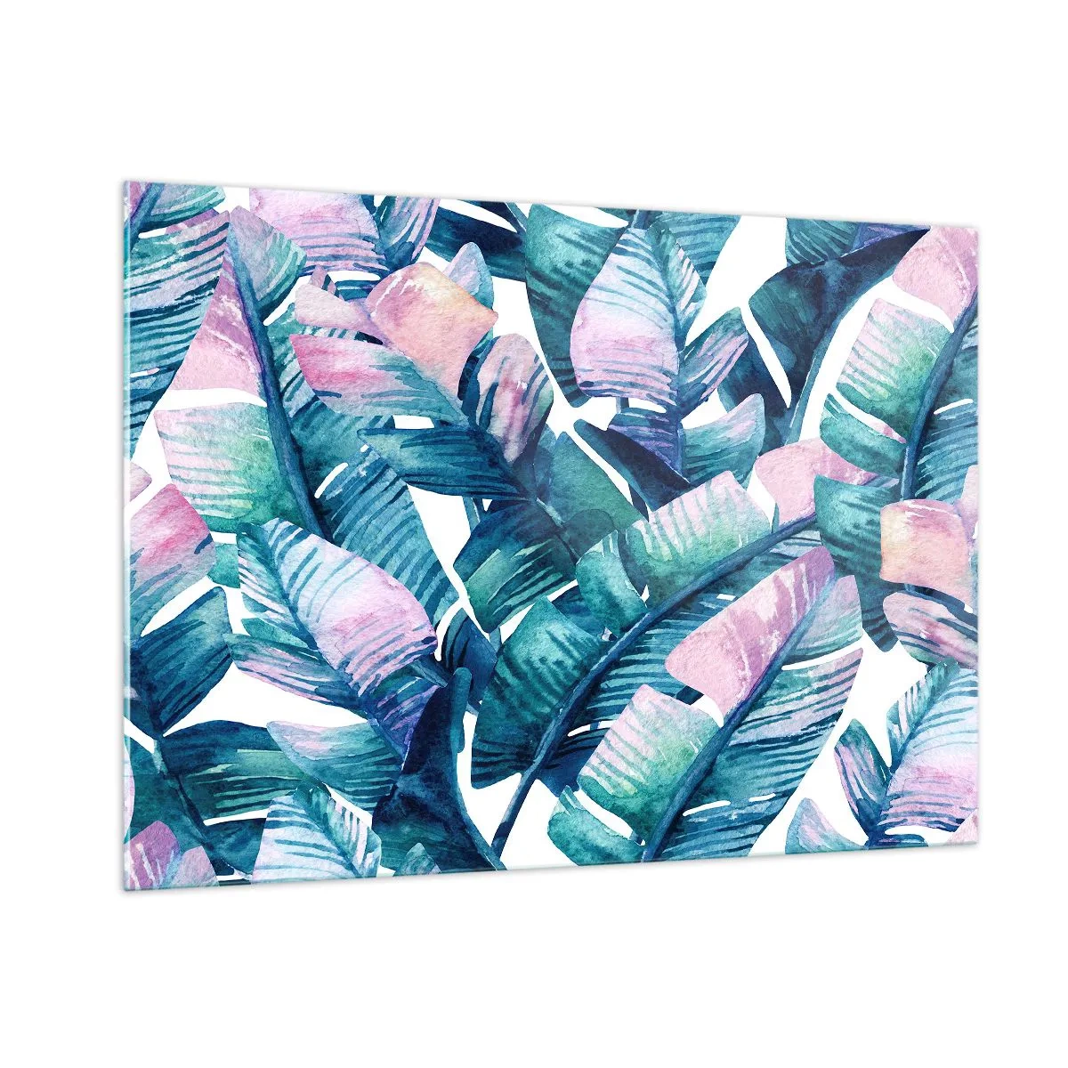 Impression sur verre - Image sur verre - Feuilles de bananier aux tons pastel sur fond blanc - 100x70cm - Dans une bananeraie - Décoration murale moderne pour le salon et la chambre ARTTOR