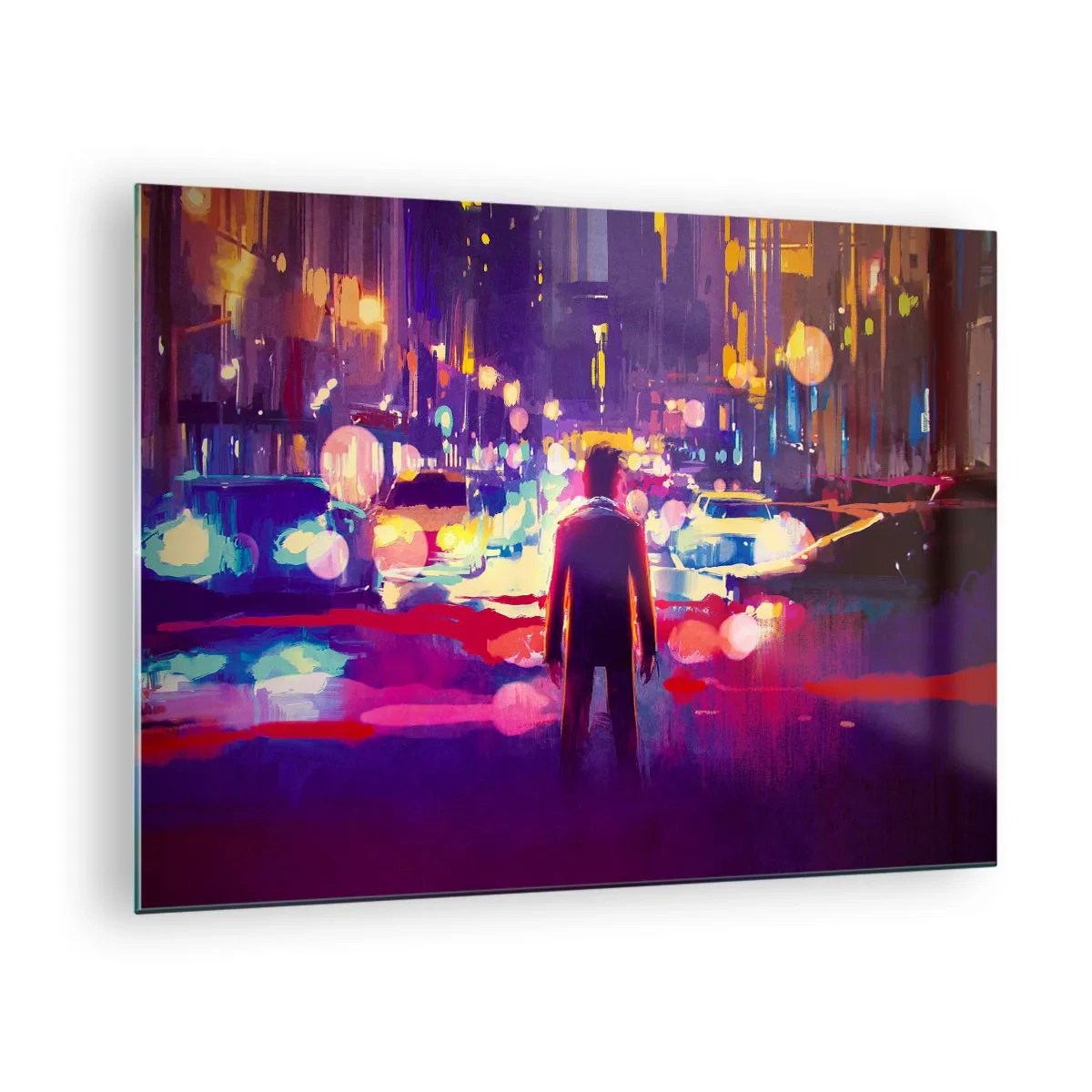 Impression sur verre - Image sur verre - Une silhouette dans une veilleuse urbaine colorée et futuriste - 70x50cm - Immergé dans la lumière - Décoration murale moderne pour le salon et la chambre ARTTOR