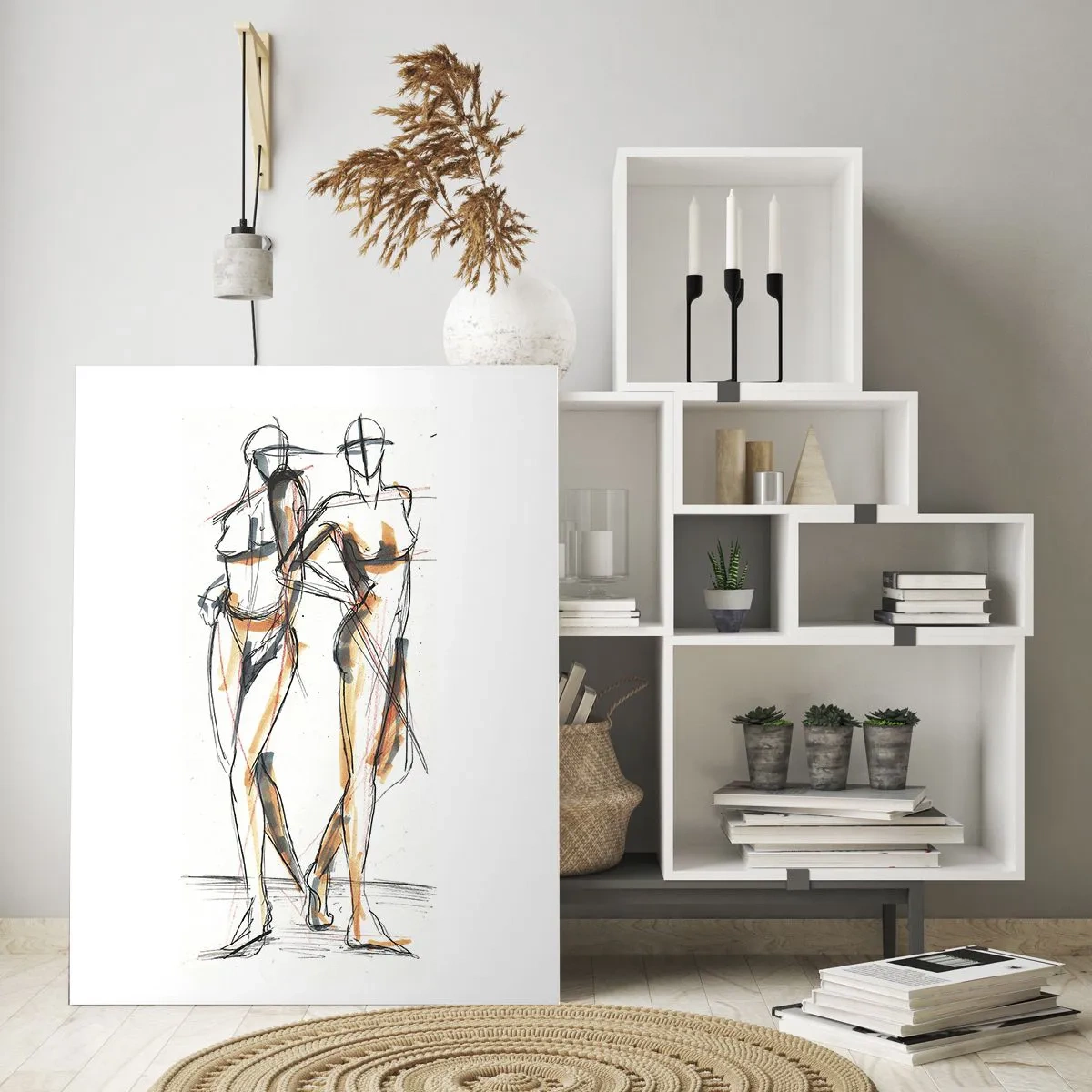 Impression sur verre - Image sur verre - Esquisse artistique de deux femmes dans un style minimaliste. - 50x70cm - Étude de la grâce - Décoration murale moderne pour le salon et la chambre ARTTOR