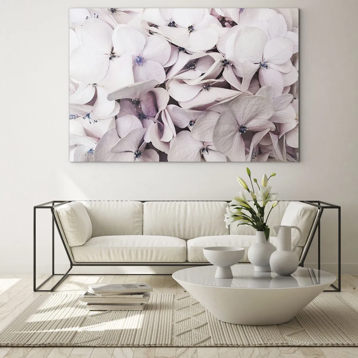 Impression sur verre - Image sur verre - Hortensias rose clair délicats en gros plan - 70x50cm - Dans un flot de fleurs - Décoration murale moderne pour le salon et la chambre ARTTOR