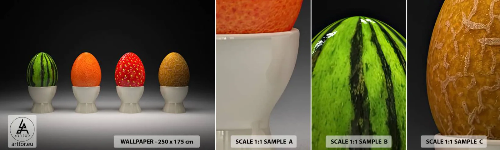 Échantillon de Papier Peint Autocollant Deluxe Sticker - Petit-déjeuner fruité - Abstraction, Fruit, Œuf - 100x30 cm