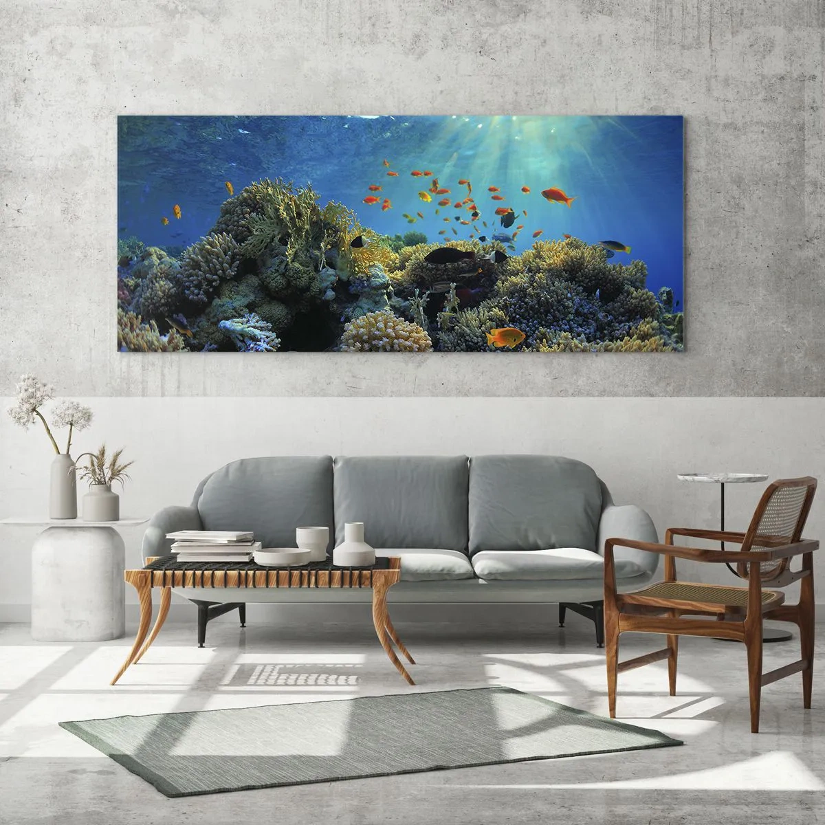 Impression sur verre - Image sur verre - Récif corallien avec des poissons sous les rayons du soleil sous l'eau - 120x50cm - Trésor sous-marin - Décoration murale moderne pour le salon et la chambre ARTTOR