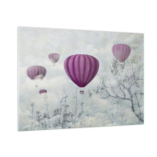 Impression sur verre - Image sur verre - Des ballons violets flottant parmi les nuages et les branches des arbres - 100x70cm - Comme des navires dans le ciel - Décoration murale moderne pour le salon et la chambre ARTTOR