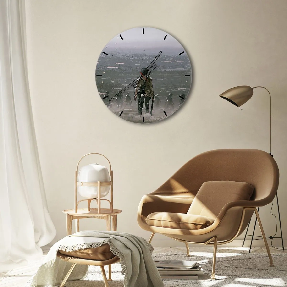 Horloge murale - Pendule murale - Une silhouette avec une arme à feu sur fond de ville et de brouillard mystérieux - 30x30cm - Dernier samaritain ? - Décoration murale moderne pour le salon, la cuisine et la chambre ARTTOR