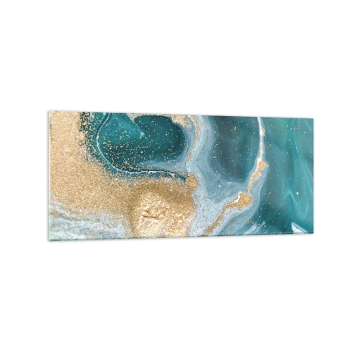 Impression sur verre - Image sur verre - Tourbillon abstrait dans les tons turquoise et or - 120x50cm - Tourbillon d'or et de turquoise - Décoration murale moderne pour le salon et la chambre ARTTOR