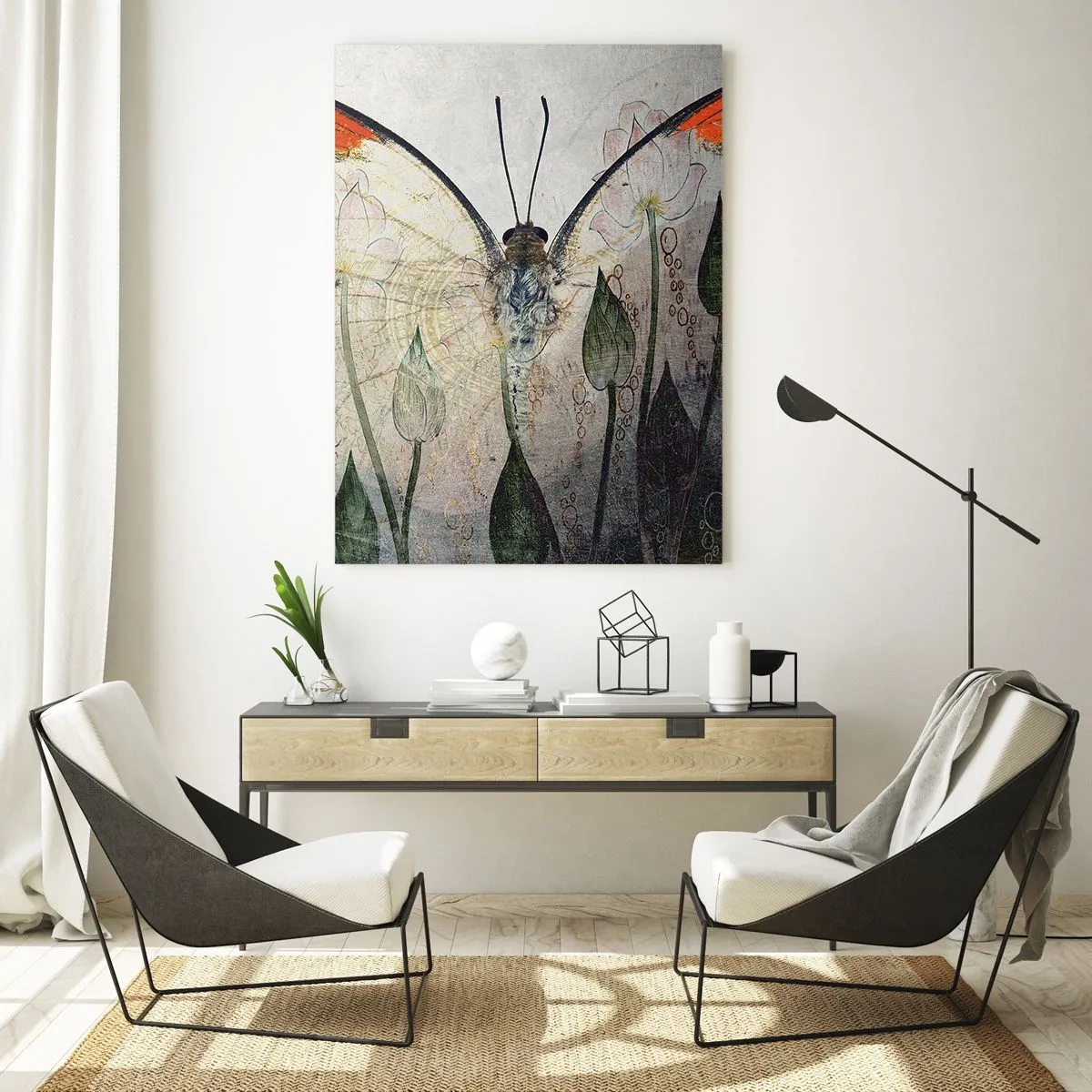 Impression sur verre - Image sur verre - Un papillon artistique entouré de fleurs délicates sur fond gris. - 50x70cm - "Où est le papillon qui se balance sur l'herbe" - Décoration murale moderne pour le salon et la chambre ARTTOR