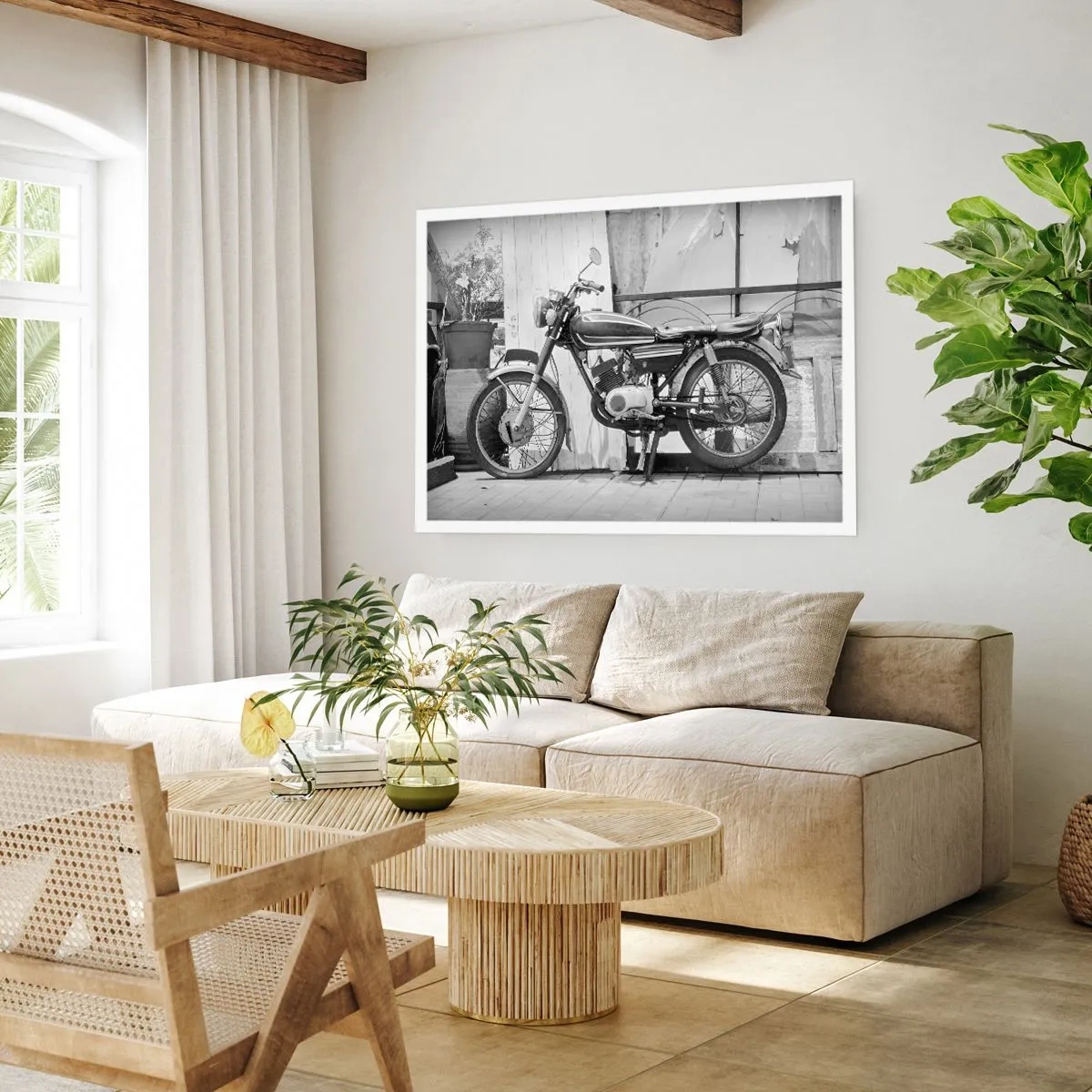 Affiche - Poster - Photo en noir et blanc d'une moto classique - 100x70cm - Classique au dessus de tout - Décoration murale moderne pour le salon et la chambre ARTTOR