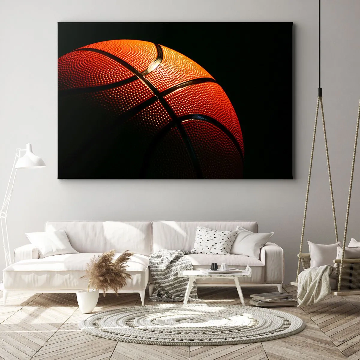 Impression sur toile - Image sur toile - Gros plan d'un ballon de basket sur fond noir - 120x80cm - Belle comme une planète - Décoration murale moderne pour le salon et la chambre ARTTOR
