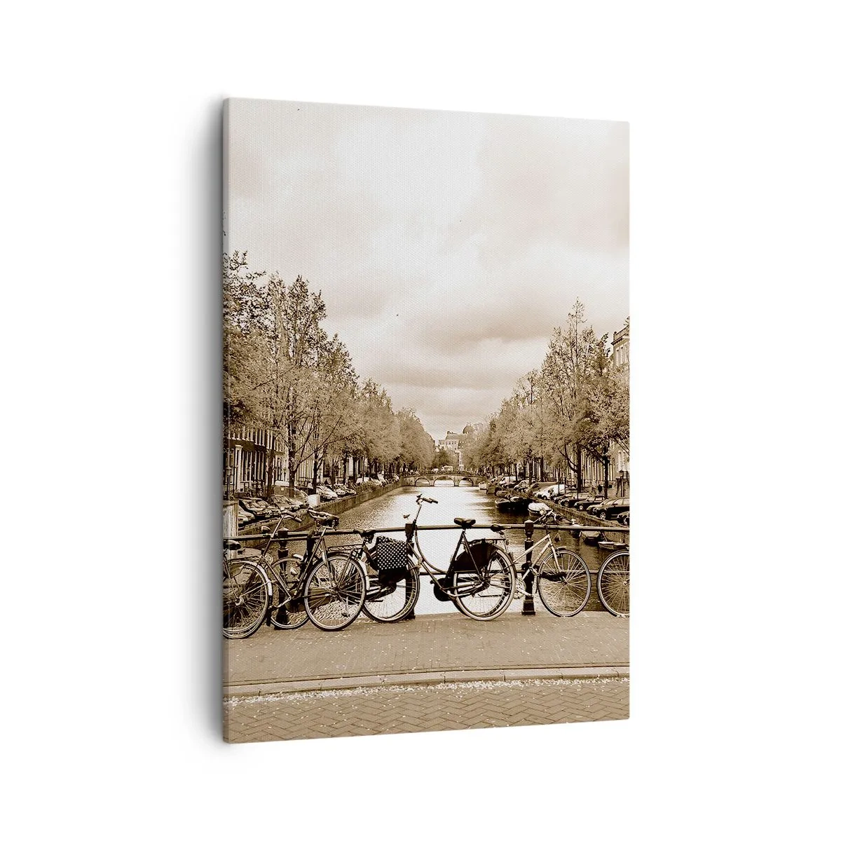 Impression sur toile - Image sur toile - Pont cyclable sur le canal en sépia - 50x70cm - Ambiance hollandaise - Décoration murale moderne pour le salon et la chambre ARTTOR