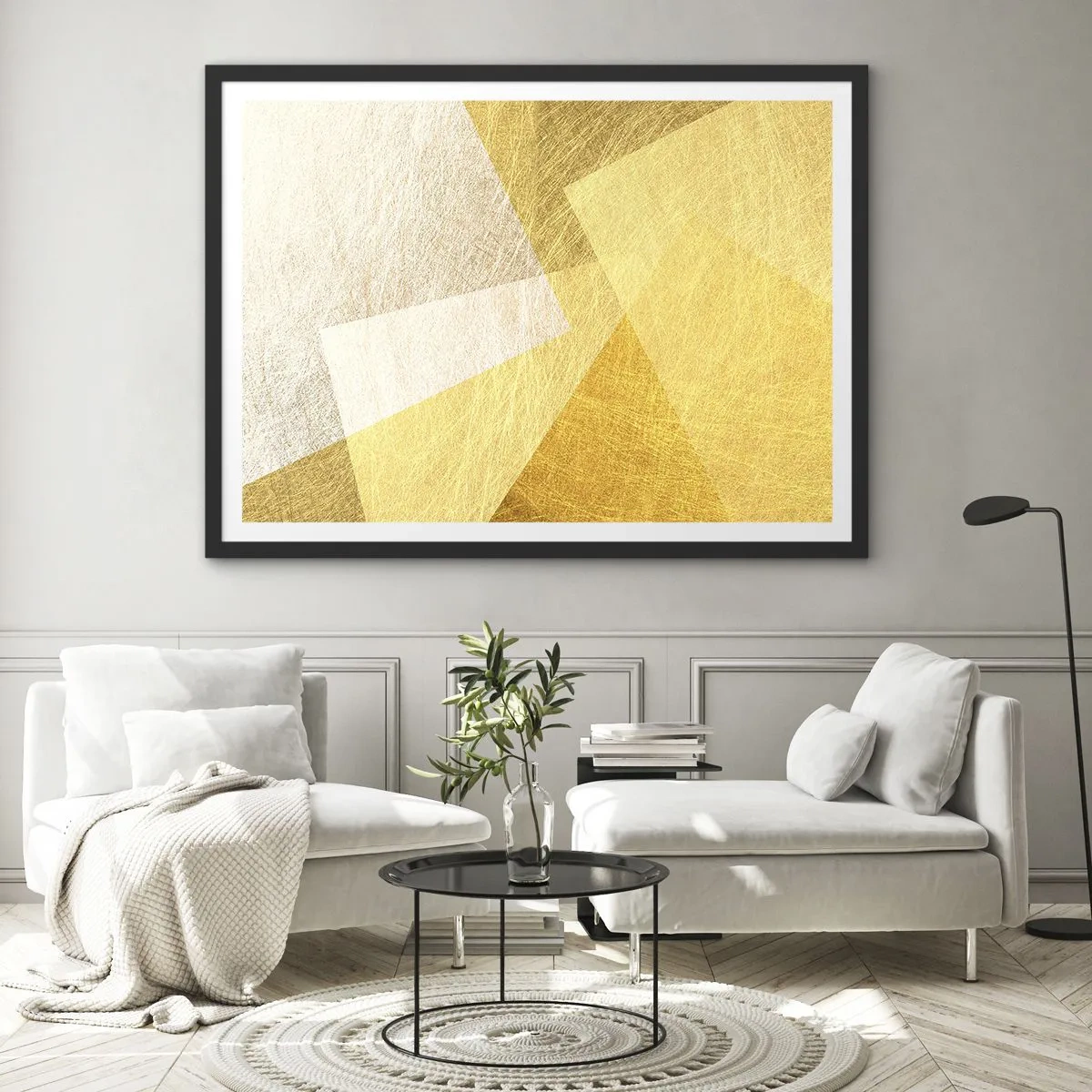 Affiche dans un cadre noir - Poster - Formes géométriques aux tons dorés et clairs - 70x50cm - Météo géométrique - Décoration murale moderne pour le salon et la chambre ARTTOR