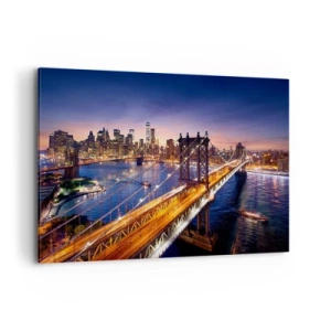 Impression sur toile - Image sur toile - Le pont et le panorama de la ville au coucher du soleil - 100x70cm - Un pont lumineux au cœur de la ville - Décoration murale moderne pour le salon et la chambre ARTTOR