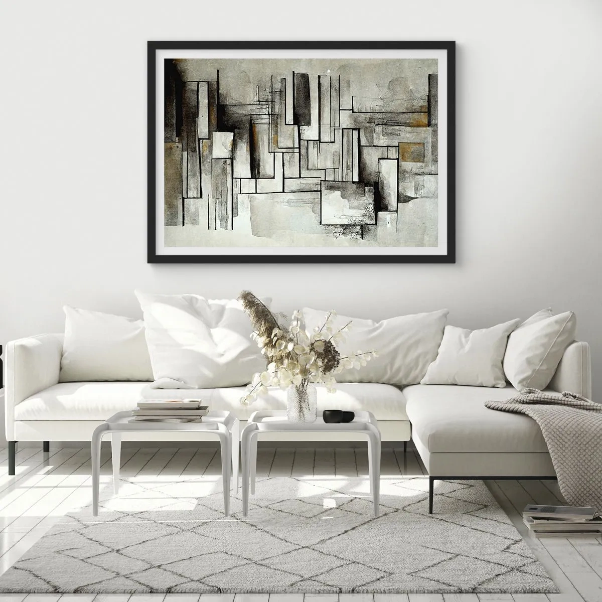 Affiche dans un cadre noir - Poster - Rectangles abstraits dans les tons de gris et de noir - 70x50cm - Le pouvoir de la simplicité - Décoration murale moderne pour le salon et la chambre ARTTOR