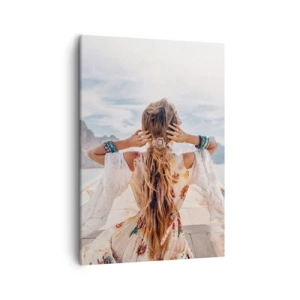 Impression sur toile - Image sur toile - Femme sur un bateau surplombant les montagnes et l'eau, style bohème - 50x70cm - En route vers le bonheur - Décoration murale moderne pour le salon et la chambre ARTTOR