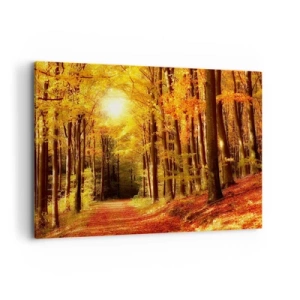 Impression sur toile - Image sur toile - Forêt d'automne avec les rayons du soleil qui brillent à travers les arbres - 100x70cm - Automne doré sur une route forestière - Décoration murale moderne pour le salon et la chambre ARTTOR