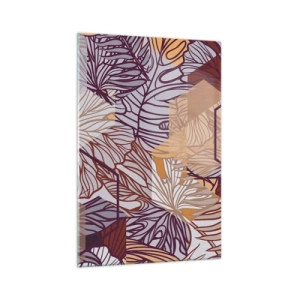 Impression sur verre - Image sur verre - Un motif décoratif de feuilles tropicales dans des tons de violet, d'orange et de beige. - 70x100cm - Relation impossible entre la géométrie et la nature - Décoration murale moderne pour le salon et la chambre ARTT