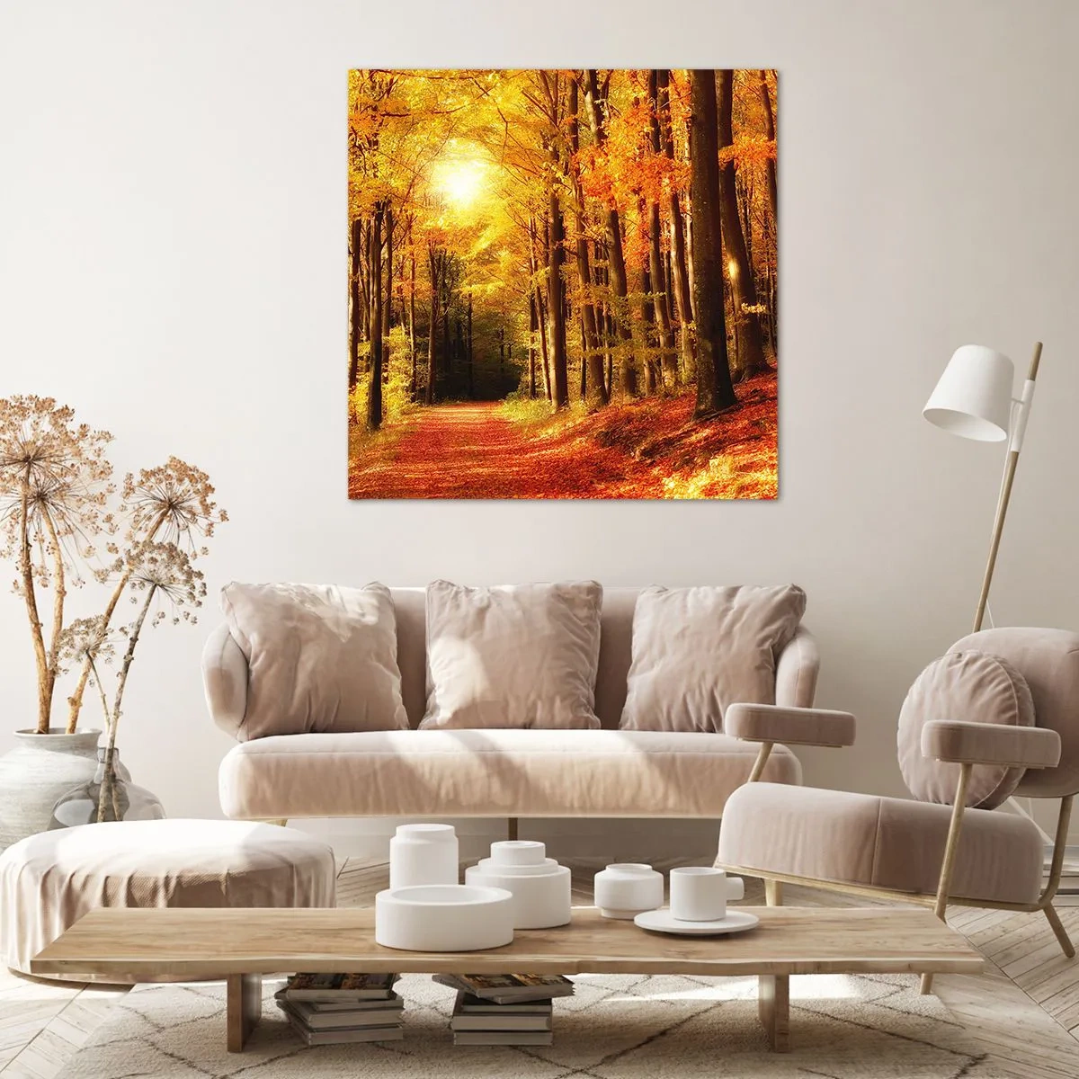 Impression sur toile - Image sur toile - Automne doré sur une route forestière - 70x70 cm