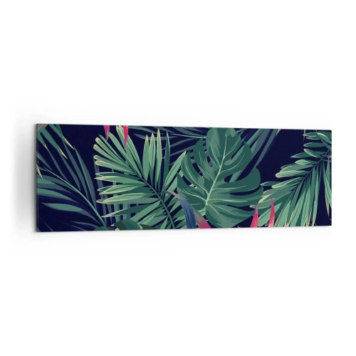 Impression sur toile - Image sur toile - Feuilles et fleurs tropicales sur fond sombre - 160x50cm - immergé dans la nature - Décoration murale moderne pour le salon et la chambre ARTTOR