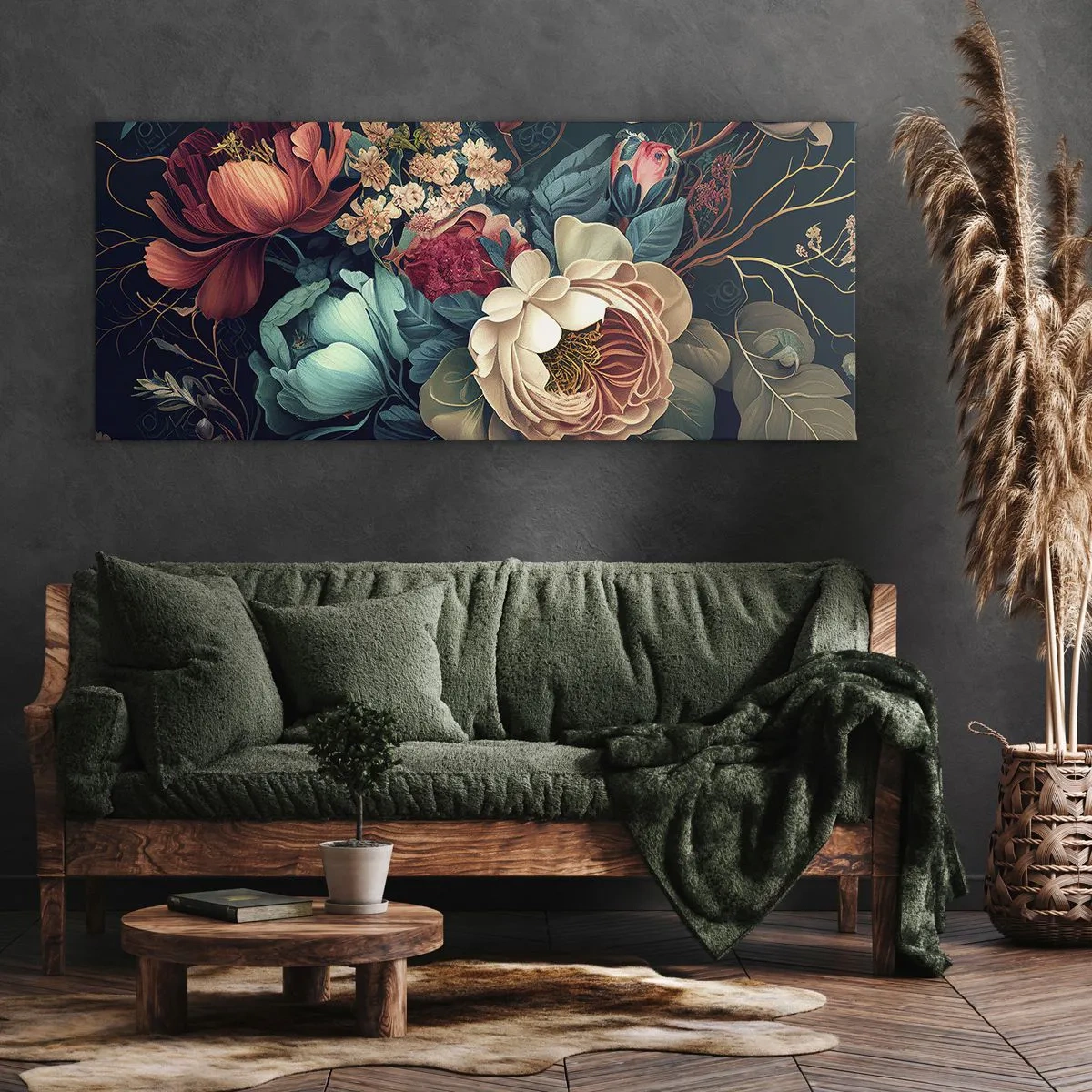 Impression sur toile - Image sur toile - Une composition colorée de fleurs sur un fond sombre - 120x50cm - le charme du 19ème siècle - Décoration murale moderne pour le salon et la chambre ARTTOR