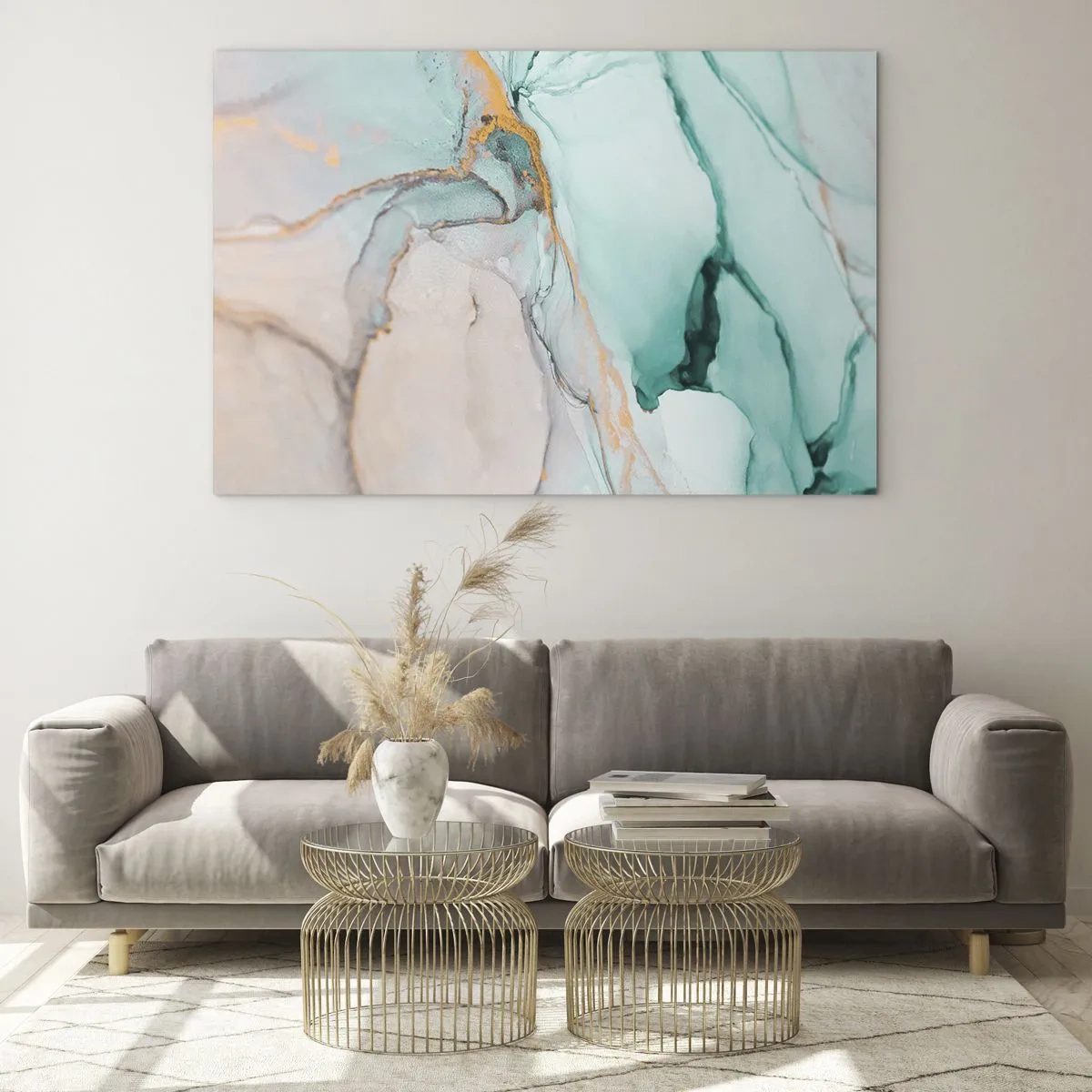Impression sur verre - Image sur verre - Une composition abstraite dans des tons turquoise et or. - 70x50cm - Danse des formes et des couleurs - Décoration murale moderne pour le salon et la chambre ARTTOR