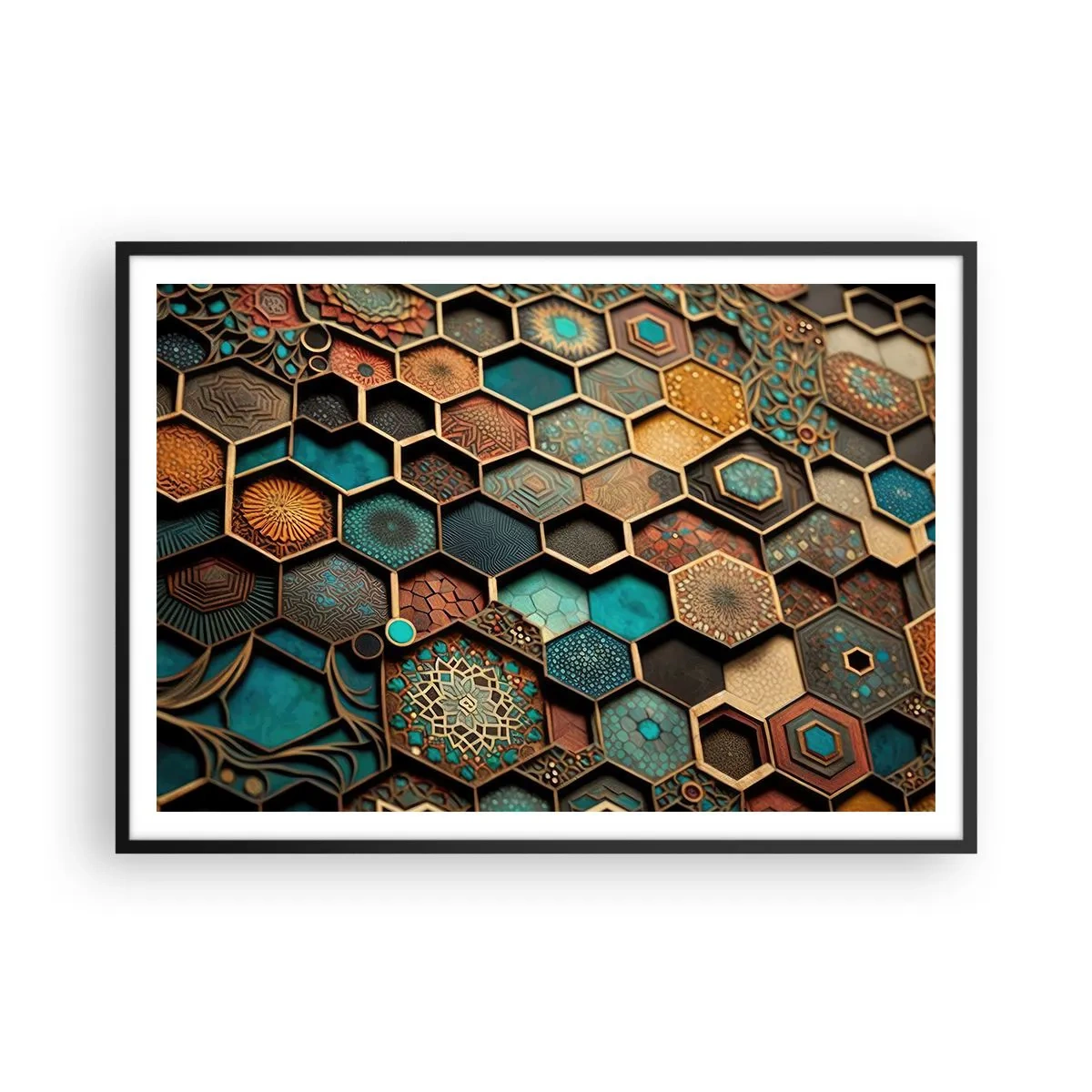 Affiche dans un cadre noir - Poster - Ornements colorés aux motifs hexagonaux - 100x70cm - Ornements arabes – variation - Décoration murale moderne pour le salon et la chambre ARTTOR