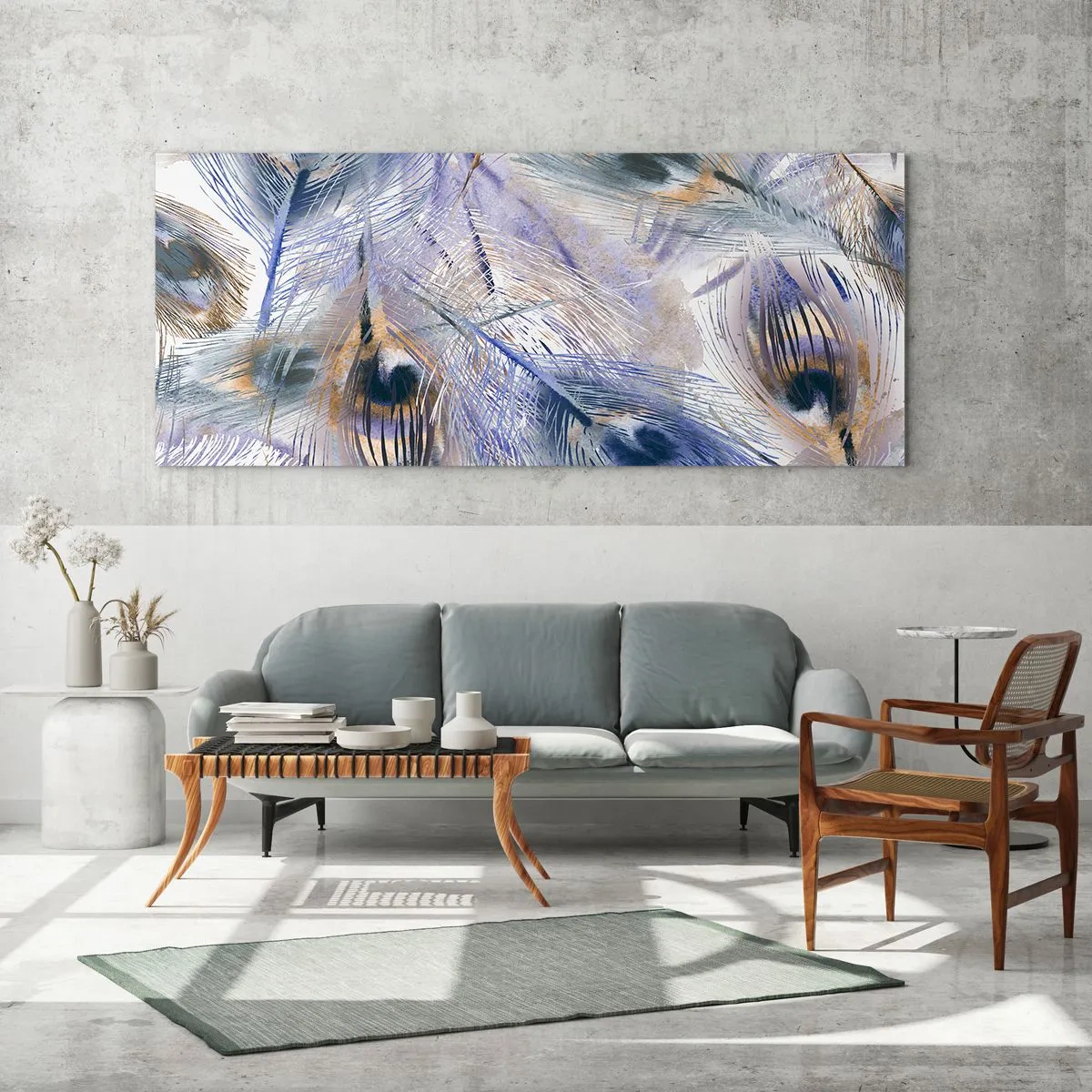 Impression sur verre - Image sur verre - Un motif avec des plumes de paon dans des tons de bleu et d'or - 160x50cm - Composition de paon - Décoration murale moderne pour le salon et la chambre ARTTOR