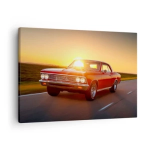 Impression sur toile - Image sur toile - Une voiture rouge au soleil couchant sur une route ouverte - 70x50cm - Le désir est de couleur rouge - Décoration murale moderne pour le salon et la chambre ARTTOR