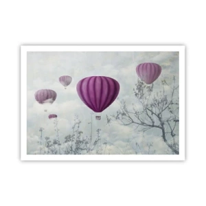 Affiche - Poster - Des ballons violets flottant au-dessus des arbres dans les nuages - 100x70cm - Comme des navires dans le ciel - Décoration murale moderne pour le salon et la chambre ARTTOR